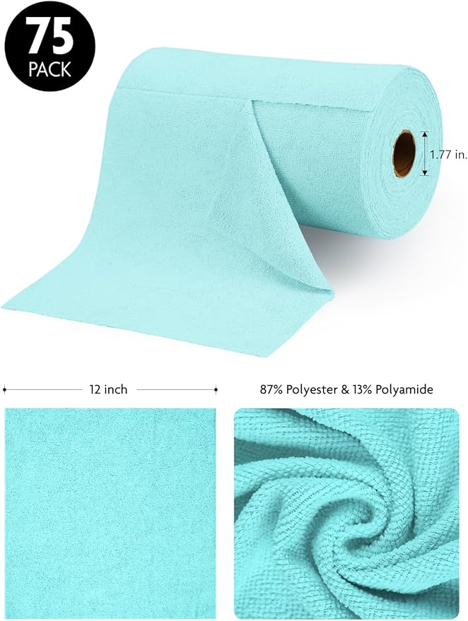 Fantasticlean Microfiber Cleaning Cloth Roll -75 Pack, Tear Away Microfiber Towels, 12" x 12", Reusable, Washable, Scratch Free, Ultra Absorbent Dishcloth for Home Supplies, Car, Pet, Kitchen (Blue)