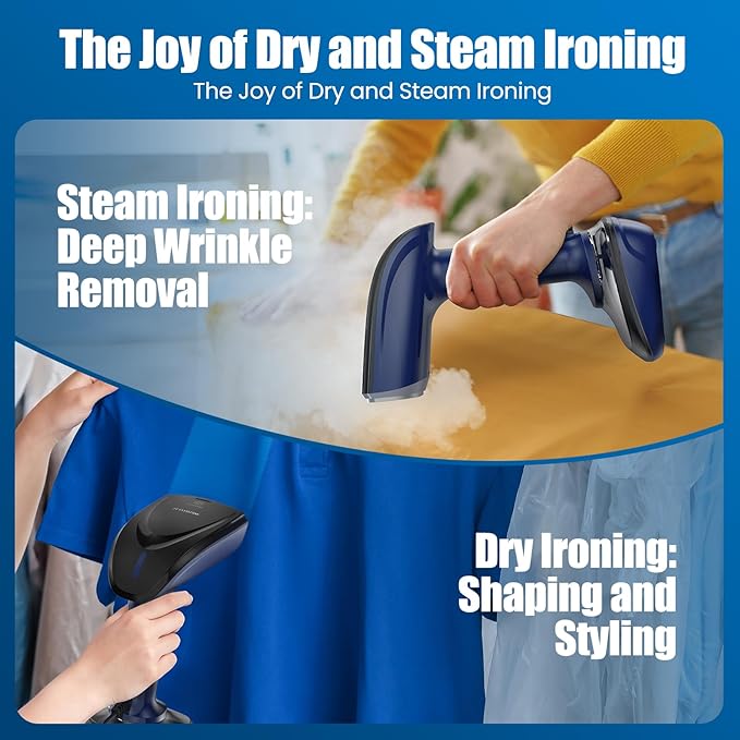Powerful Handheld Fabric Steamer - 1800W with Fast Ceramic Heat-Up Plate, 2-in-1 Ironing & Wrinkle Remover, Steam Nozzle, Lint Brush - Blue, for US 120V Only