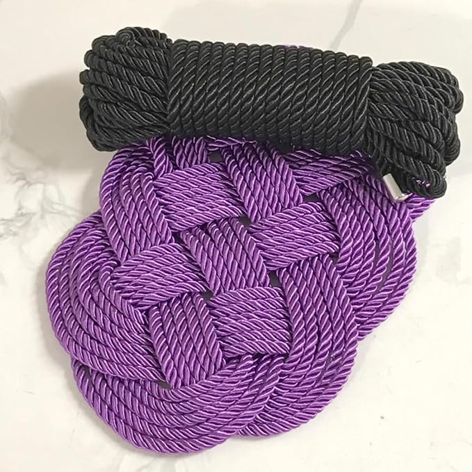 6 PCS Silk Rope Set - 32 Feet Long Nylon Proof Rope Cord and Soft Braided Ropes Black & Purple, Skin Friendly for Crafts, Hanging, DIY Projects and More