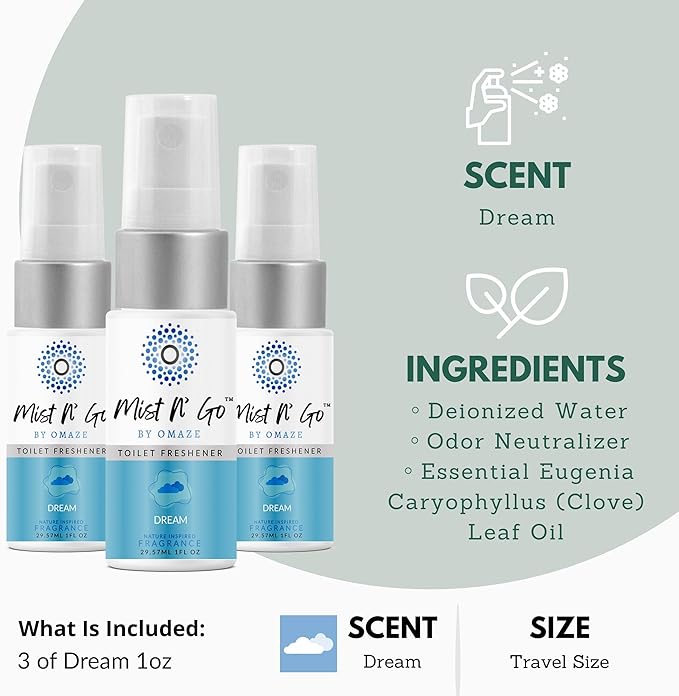 Mist N’ Go by Omaze Travel Bathroom Spray for Toilet Spray Odor Eliminator - Travel Toilet Spray for Bathroom Air Freshener Spray for Bathroom Deodorizer - Dream Travel Size (1oz x3)