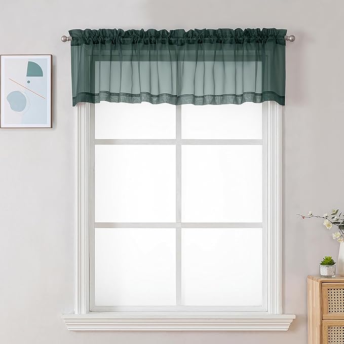 Chyhomenyc Sheer Valances for Windows 2 Pack, Small Window Curtains for Living Room Bathroom Cafe Laundry Basement, Modern Top Dual Rod Pocket Voile Curtain, 42W x 18L inches, Hunter Green