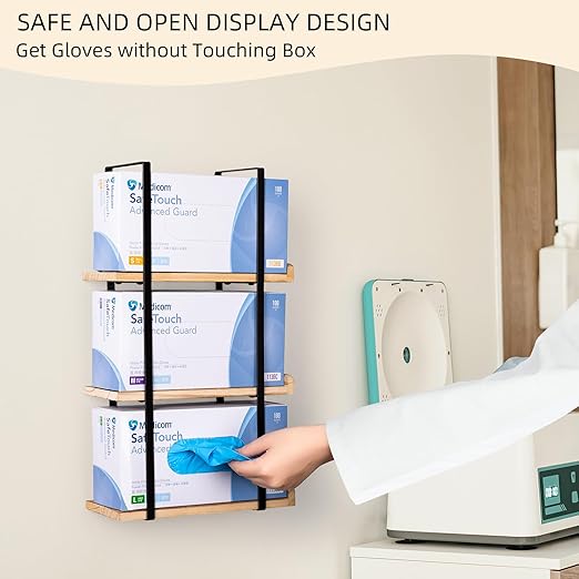 Glove Holder Dispenser for Wall Mount Wooden Metal Disposable Latex Glove Box Holder for Home Office, Lab and Garage, Tissue Wire Rack Wall-mounted for Kitchen Organizer Decor