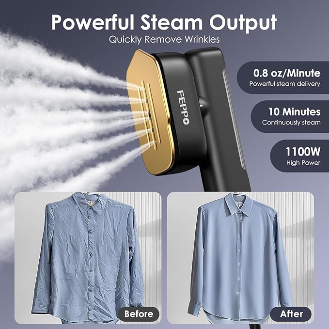 FEPPO Travel Steamer for Clothes, 110-240V Dual Voltage Portable Steamer & Iron 2 in 1, Fast Heat Up, 1100W Powerful Garment Steamer, Large Ceramic Heat Panel for Home & Global & Europe Traveling