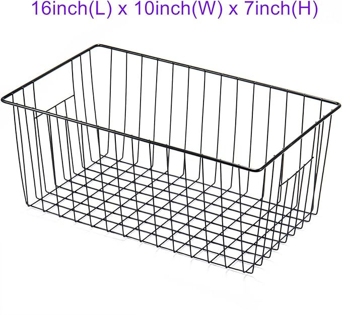 16inch Freezer Wire Storage Organizer Baskets, Household Refrigerator Bin with Built-in Handles for Cabinet, Pantry, Closet, Bedroom Black,4pack