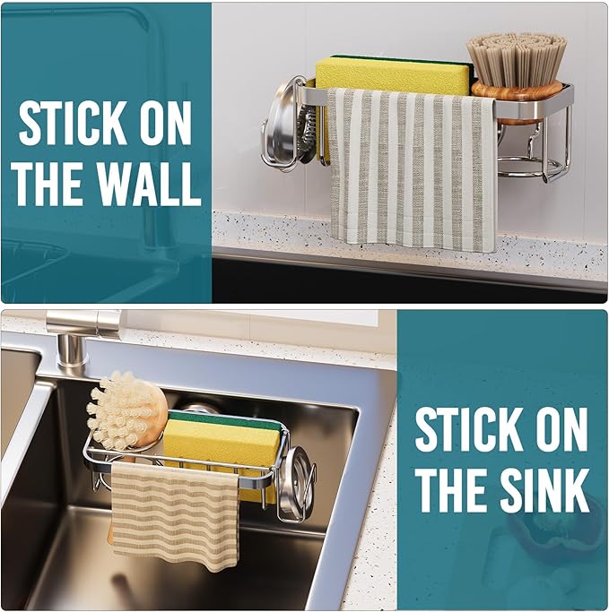 TAILI 4-in-1 Sponge Holder for Kitchen Sink with Strong Suction Cup Removable, Rustproof Aluminum Sink Caddy for Sponge, Brush, Scrubber, Scraper -Silver