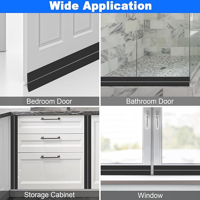 ToLanbbt Weather Stripping Silicone Door Seal Strip 2 in x 20 ft Door Draft Stopper Self Adhesive Door Draft Tape, Side & Bottom Gaps Insulation Strip for Glass Shower Door Sliding Door Window, Black