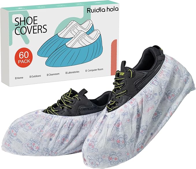 Disposable Shoe Covers 60 Pack - [Select: L/XL Size & Black/Gray/Cartoon] Non-Slip Boot Covers, Breathable Non-Woven Fabric, Fits up to Men's 13, Protect Floors for Home, Work, Parties