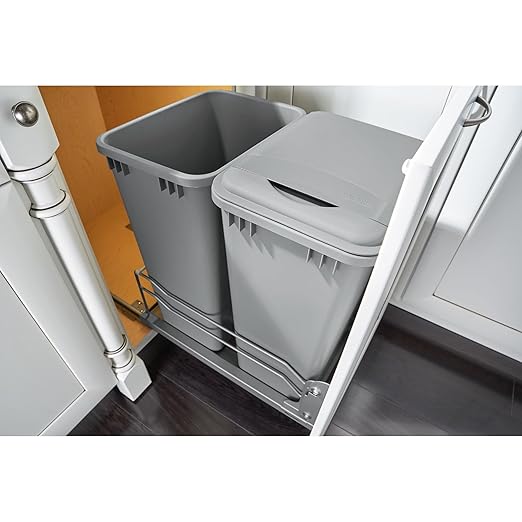 Rev-A-Shelf Double Pullout Trash for Full Height Kitchen Cabinets 50 Quart 12.5 Gallon with Soft-Close Slides, Metallic Silver, 53WC-2150SCDM-217