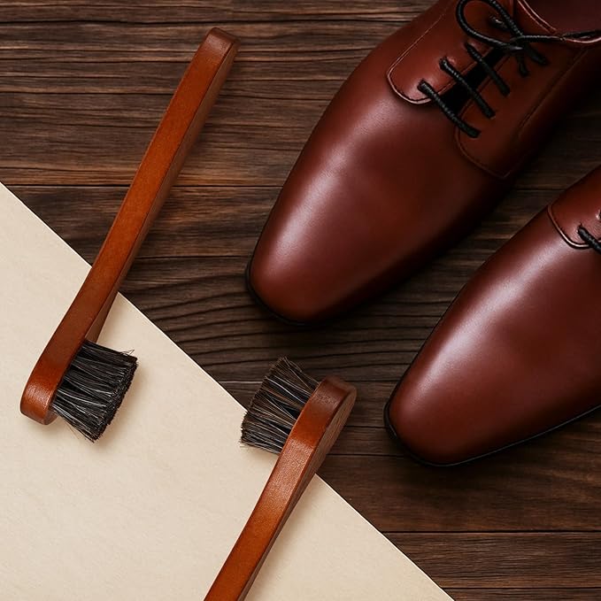 2 Pcs Horsehair Shine Shoes Brush Kit Polish Dauber Applicators Cleaning Leather Shoes Boots Care Brushes Suede Cleaner Brush(Brown Long Handle)