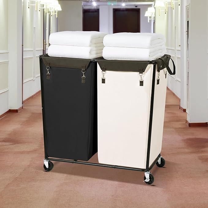 STORAGE MANIAC Commercial Laundry Hamper with Heavy Duty Steel Frame, 74 Gal. Industrial Laundry Basket Cart with Wheels for Hotel, Home, Laundry Room, Big Large Clothes Sorter, 2 Section Beige/Black