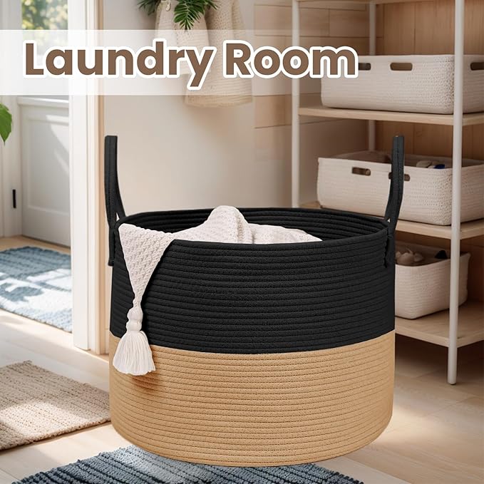 Woven Blanket Basket,115L Large Rope Storage Bin with Handles, Organizer for Blankets Toys Book and Clothes, Laundry Basket for Living Room Bedroom Nursery,Black&Jute