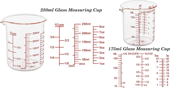 Ackers 7-Piece Glass Measuring Cup Set, Borosilicate Beaker Style Nesting Liquid Measuring Cups