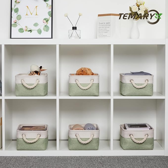 Temary Small Storage Baskets Small Fabric Bins for Closet, 6 Pack Decorative Storage Boxes with Rope Handles for Organizing Clothes, Canvas Storage Basket(White&Green,11.8L x 7.9W x 5.3H inches)