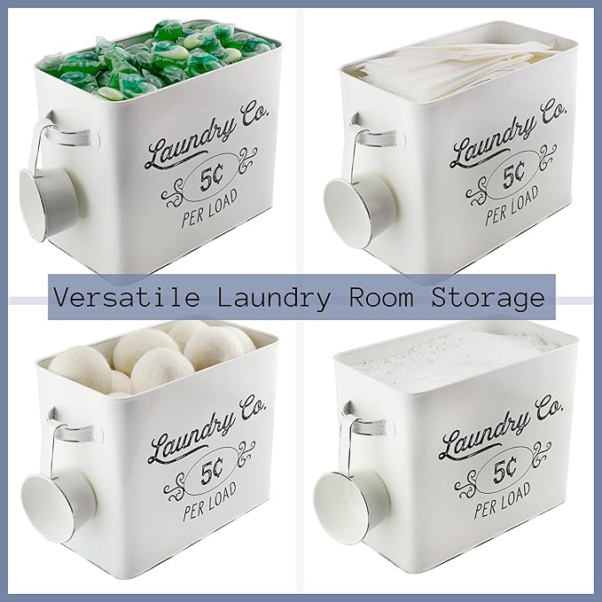 AuldHome Design Farmhouse Laundry Powder Container, White Enamelware Detergent Bin w/ Scoop