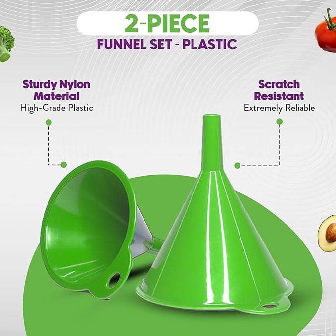 Crisp 2-Piece Funnel Set - All Purpose Funnels for Kitchen Use Filling Bottles - Durable & Dishwasher Safe Kitchen Funnel Set - Made in The USA - Bright Green