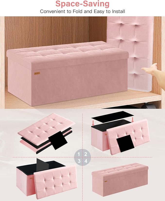 Folding Storage Ottoman, Velvet Storage Bench, Footrest, Removable Divider, for Living Room, Bedroom, 15 x 43 x 15 Inches, 660 lb Load Capacity, Jelly Pink UASND02P