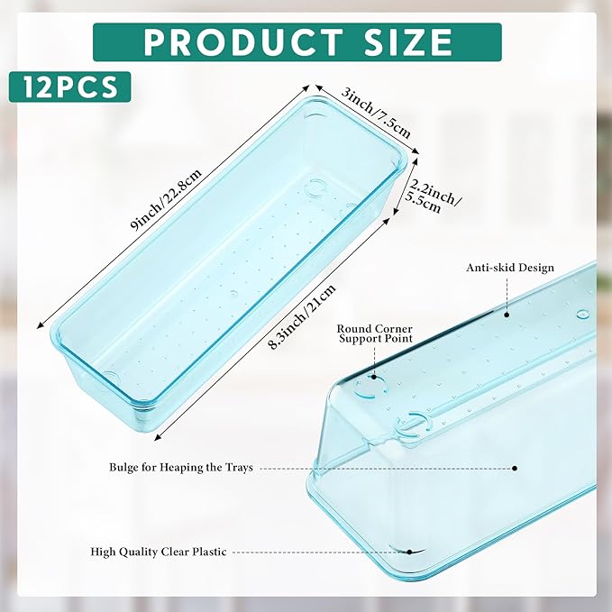 Maitys 12 Pcs Vanity Drawer Organizer 9 x 3 x 2 Inches Clear Plastic Utensil Organizers Kitchen Drawers Dividers for Office Desk Silverware Kitchen Utensils Cosmetics and Bathrooms(Blue)