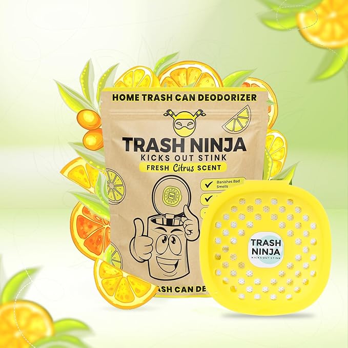 Trash Ninja Trash Odor Eliminator – Long-Lasting Citrus Scent Deodorizer with Activated Charcoal, Stick-On Freshener for Garbage Can, Fridge, Bathroom, Kitchen, and Diaper Pail Odors