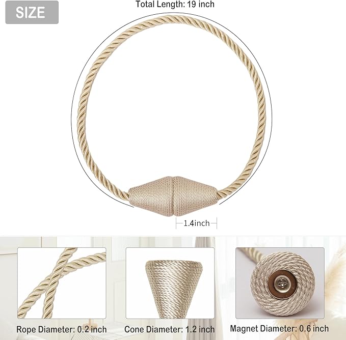 Magnetic Curtain Tiebacks 2 Pack Outdoor Rope Curtain Tie Backs Decorative Window Treatment Holdbacks for Home Decorative Curtain, Beige