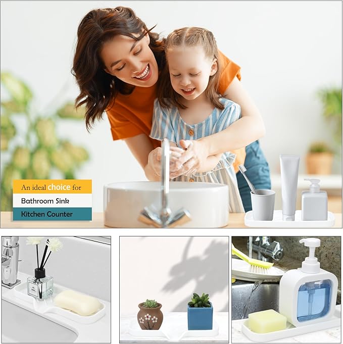Silicone Bathroom Soap Dishes, Sponge Holder for Kitchen Sink, Shower Soap Holder with Drain, Soap Dispenser Tray, Soap Dish for Bottle, Cup, Sink or Counter Organizer - White 9" x 3.15"