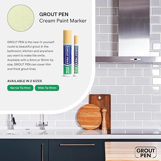 Grout Pen Cream Tile Paint Marker: Waterproof Grout Paint, Tile Grout Colorant and Sealer Pen - Narrow 5mm, 2 Pack with Extra Tips (7mL) - Cream