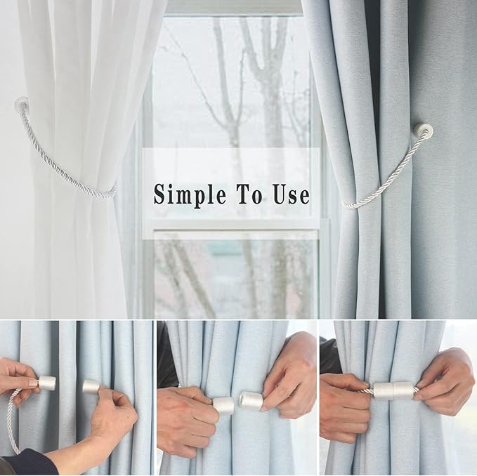 Magnetic Curtain Tiebacks 4 Pack White Curtain Rope Tieback Curtain Holders for Drapes Modern Tie Backs Decorative Curtain Holdbacks