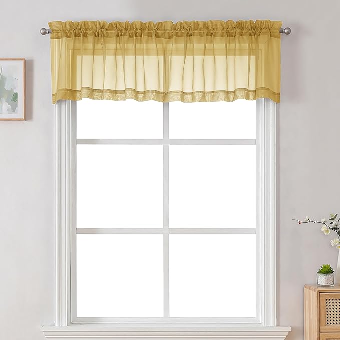 Chyhomenyc Sheer Valances for Windows 2 Pack, Small Window Curtains for Living Room Bathroom Cafe Laundry Basement, Modern Top Dual Rod Pocket Voile Curtain, 42W x 18L inches, Gold