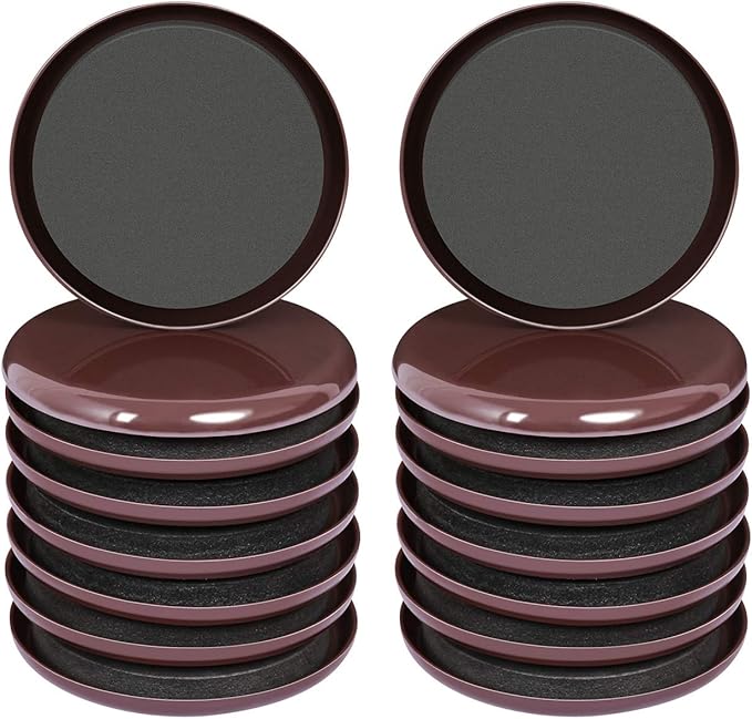 Ezprotekt 3 1/2 inch Furniture Moving Sliders for Carpet, 16 Pcs Round Reusable Furniture Movers Pads for Heavy Table Desk Bed Sofa Fridge Couch Cabinet, Move Furniture Easily & Safely! (Brown)