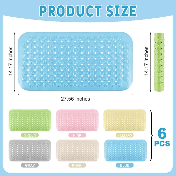 Dunzy 6 Pcs Non Slip Bath Mats 27.6x14.2 Inches TPE Bathtub Mats with Suction Cups Drain Holes Textured Surface Anti Slip Shower Pad for Bathroom Tub Adults Elderly Home Hotel