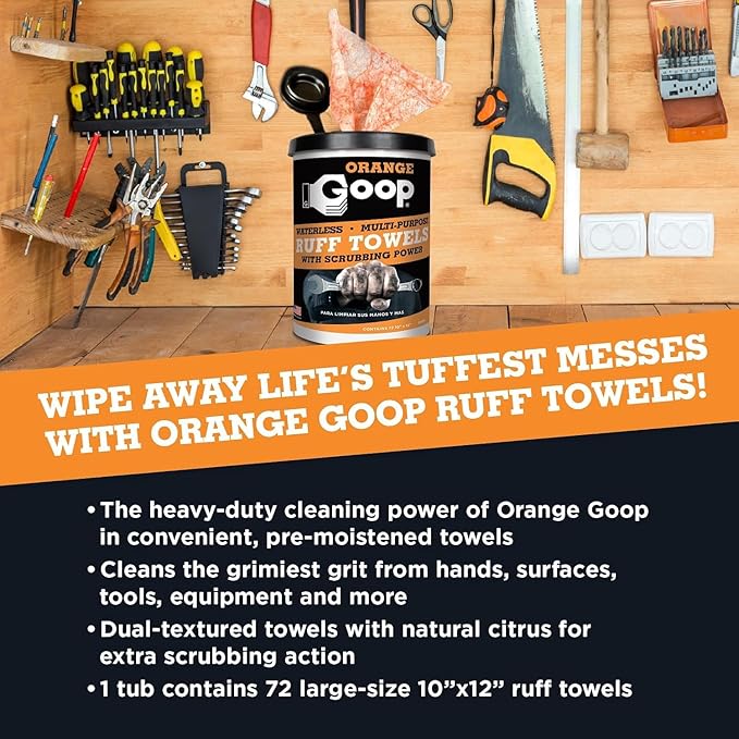 GOOP Heavy Duty Ruff Towels with Scrubbing Power, 10” x 12” Dual Textured Multi-Purpose Cleaning Wipes, Removes Dirt, Grease, Oil - 6 Pack