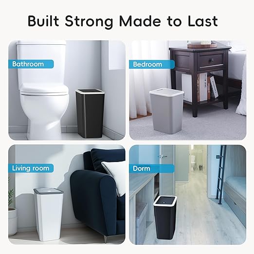 Small Trash Can, 3 Pack 4 Gallons Bathroom Garbage Can with Lid Press-Top, Small Waste Basket with Trash Bags, Slim Plastic Garbage Bin for Dorm, Office, Bedroom, Kitchen, Living Room （ Black ）