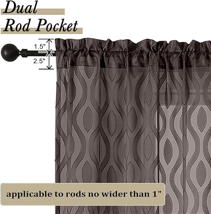 Aiyufeng Sheer Brown Curtains 54 Inch Length 2 Panels - Soft Lightweight Clip Jacquard Textured Farmhouse for Bedroom, Modern Wavy Line Voile for Living Room, 40Wx54L Inches