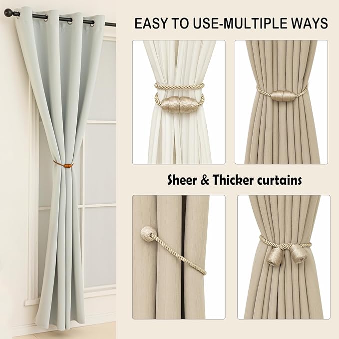 Magnetic Curtain Tiebacks Rope Curtain Tie Backs for Curtains 8 Pack Curtain Holders for Drapes Decorative Window Curtain Holdbacks, Beige