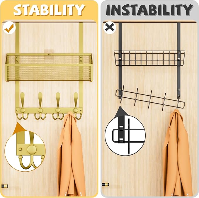 Over The Door Hooks Organizer, Coat Rack Over The Door Storage Hanger Towel Rack, Back of Storage Organizer for Bathroom,Bedroom,Kitchen,Office(Gold 2-Tier)