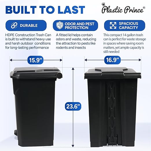 14 Gallon Step-On Trash Can/Container, Black Plastic Dustbin with Lid and Foot Pedal, Hands-Free Disposal