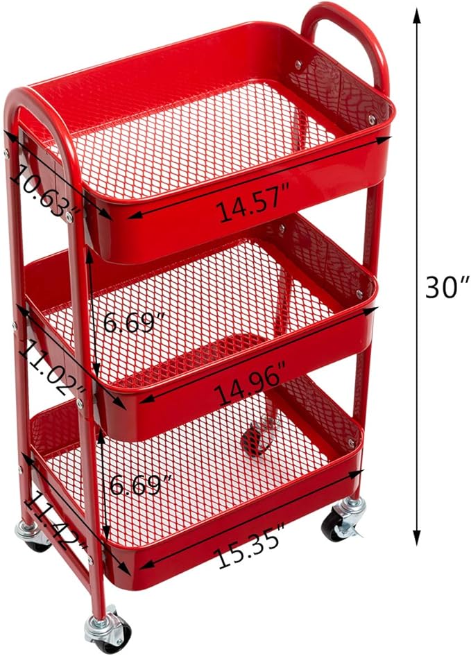 AGTEK Makeup Cart, Movable Rolling Organizer Cart, Red 3 Tier Metal Utility Cart