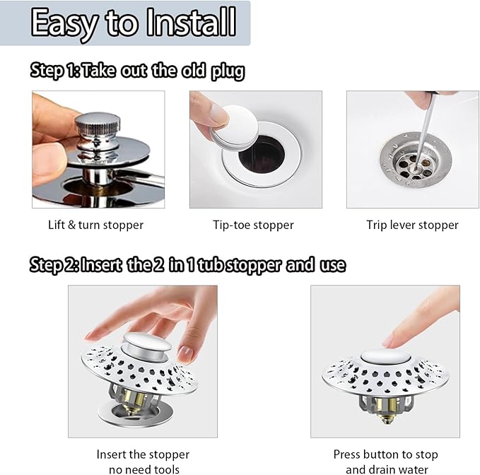 Tub Stopper Bathtub Drain Hair Catcher, 2 in 1 Bathtub Drain Stopper, Bathtub Stopper with Dual Filtration Design, Pop Up Bathtub Drain Plug for 1.4-1.9" Drain Hole