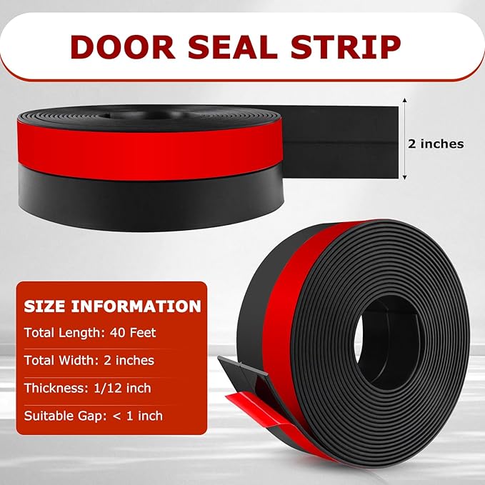 Weather Stripping Self Adhesive Door Draft Stopper Flexible Shower Door Bottom Seal Silicone Seal Strip for Sliding Glass Windows Side Gaps (Black, 2 Inch Wide x 40 Feet Long)