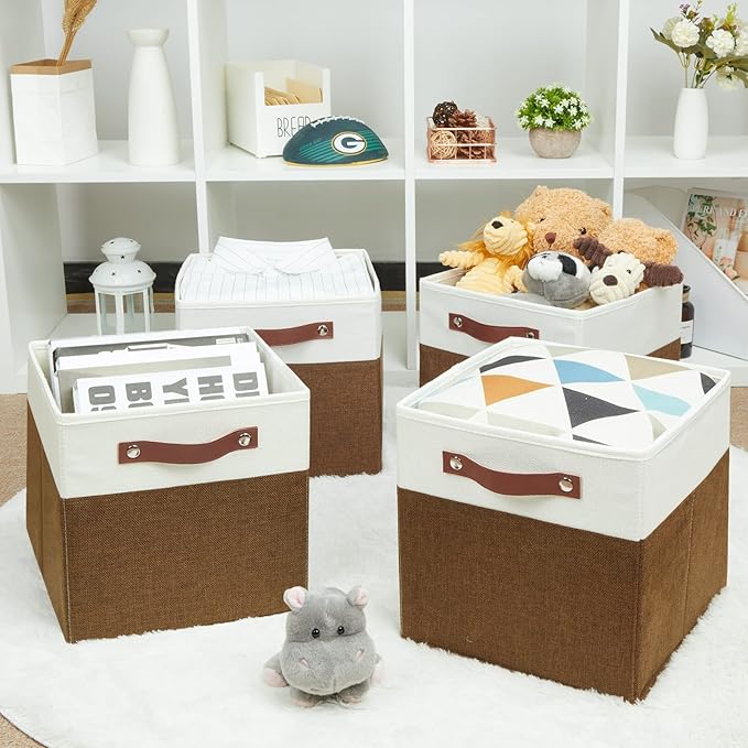 HNZIGE Fabric Cubes Storage Bins Set of 4,11 x 11 Clothes Storage Cube Baskets,Cube Organizing Bins for Shelves with Handles,Canvas Baskets for Organizing Home(Brown White)