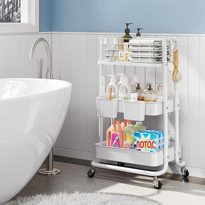 KINGRACK 3 Tier Rolling Cart, Metal Mobile Storage Shelf with Lockable Wheels, Prevent Falling Utility Trolley Cart, Storage Organizer for Kitchen, Office, Bathroom, Dorm, White