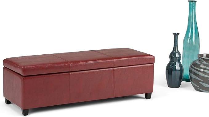 SIMPLIHOME Avalon 48 inch Wide Contemporary Rectangle Storage Ottoman Bench in Red Vegan Faux Leather, Assembled, for the Living Room, Entryway and Family Room