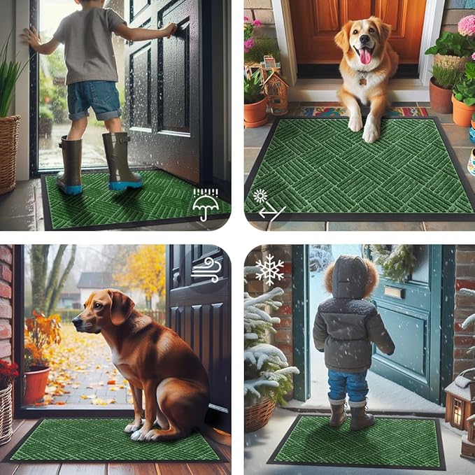 Smiry Front Door Mat Outside Entrance, Heavy Duty Outdoor Indoor Natural Rubber Doormat, Non Slip, Trap Dirt and Moisture, Easy Clean, Low Profile Patio Porch Entryway Mat, 59x23, Green