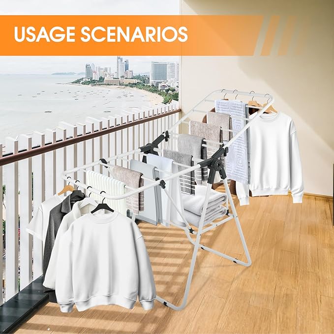 Clothes Drying Rack, Metal Foldable Laundry Drying Rack, with Adjustable Height Levels Wings, Space Saving, Indoor Outdoor Use, White Free-Standing Airer