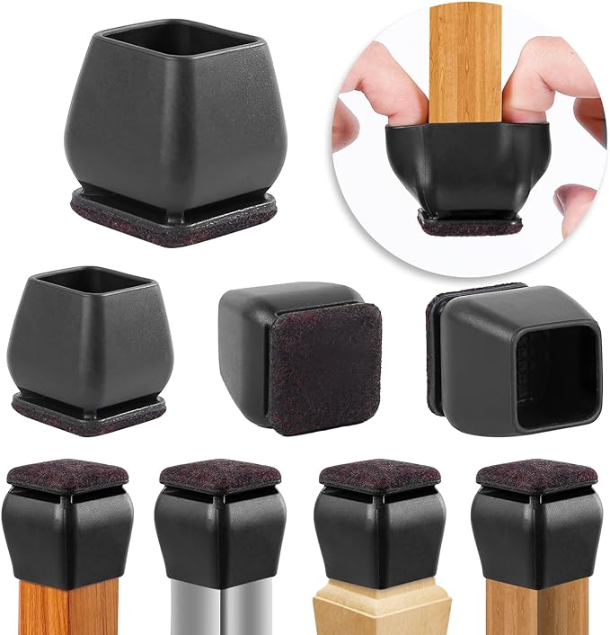 Ezprotekt 24 Pcs Square Silicone Chair Leg Floor Protectors, Felt Furniture Pads Covers for Table, Bar Stool Leg Floor Protectors Caps, Chair Socks Sliders for Wood Floors (Fit 0.8"- 1.1", Black)