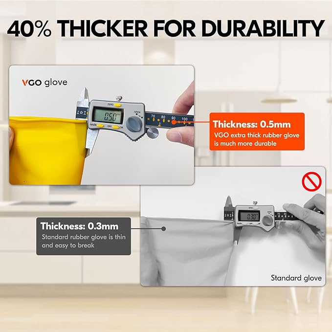 Vgo... 1-Pair Reusable Household Gloves, Rubber Dishwashing gloves, Extra Thickness, Long Sleeves, Kitchen Cleaning, Working, Painting, Gardening, Pet Care (Size XL, Yellow, HH4601)