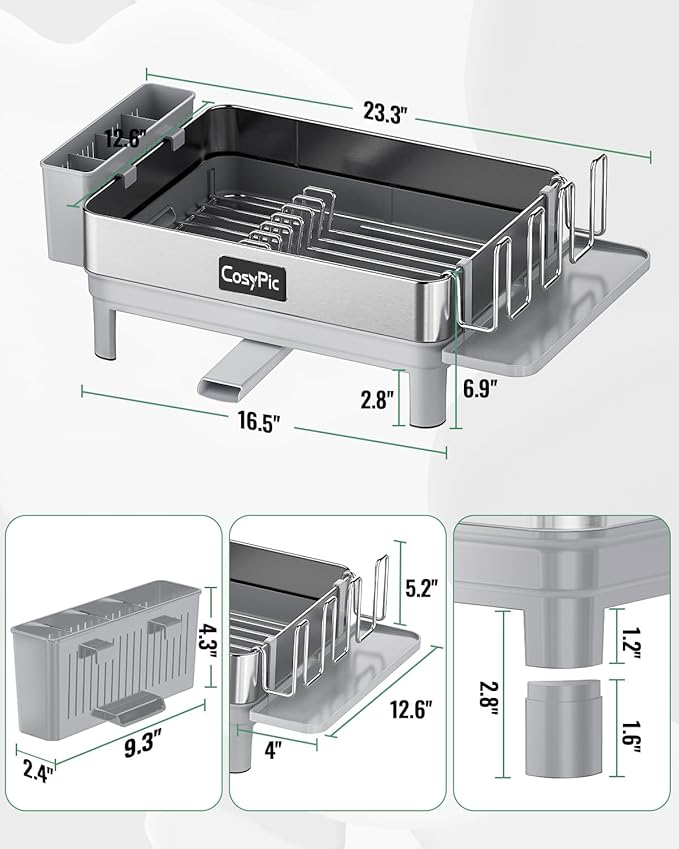 Dish Racks, Thicker Premium 304 Stainless Steel Dish Drying Rack for Kitchen Counter, Automatic Drainage Spout, Dish Drainer & Drainboard Set with Utensil Holder and Cup Holder, Grey