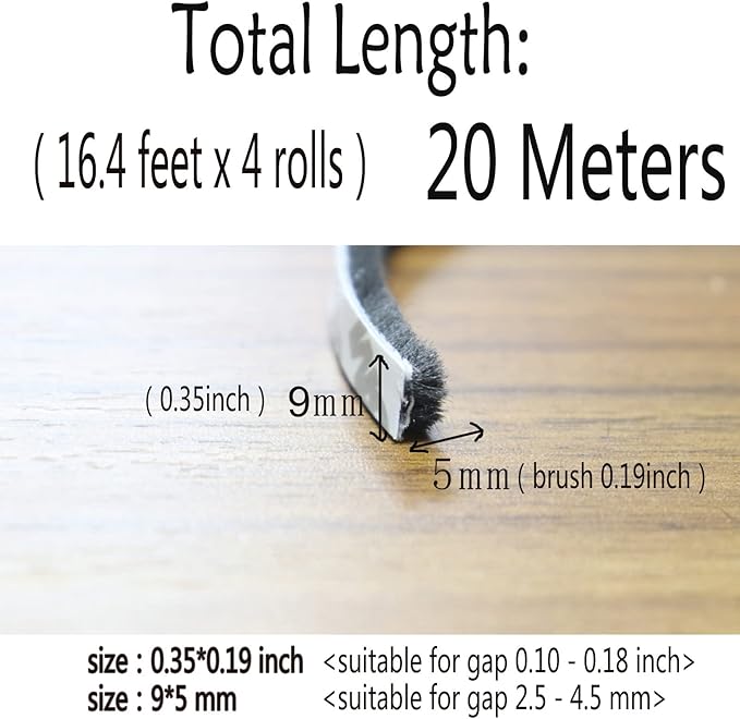 Door Sealers for Door Frame Felt Pile Weatherstripping for Sliding Window, Self Adhesive Weatherstrip Seal Strip Sealer Sound Proofing (65ft x11/32 Backing x 3/16 Brush inch, Grey)