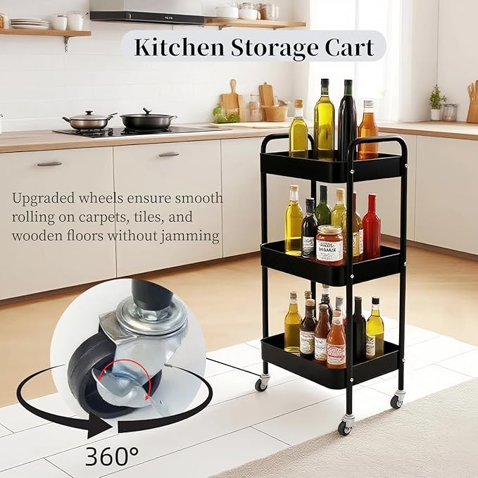 3 Tier Rolling Storage Cart for Kitchen Storage & Laundry Room Organization, Large Capacity Metal Utility Cart on Wheels and 4 Hooks for Art Lash Craft Bedside, Sturdy Nursery Organizer, Black