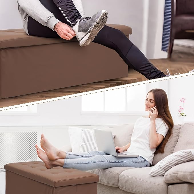 Athena Collection 43" Storage Ottoman Bench Folding Bench with 130L Hidden Storage, Large End of Bed Bench PU Leather Foot Rest Stool Chest with Flipping Lid for Living Room, Bedroom, Entryway, Brown