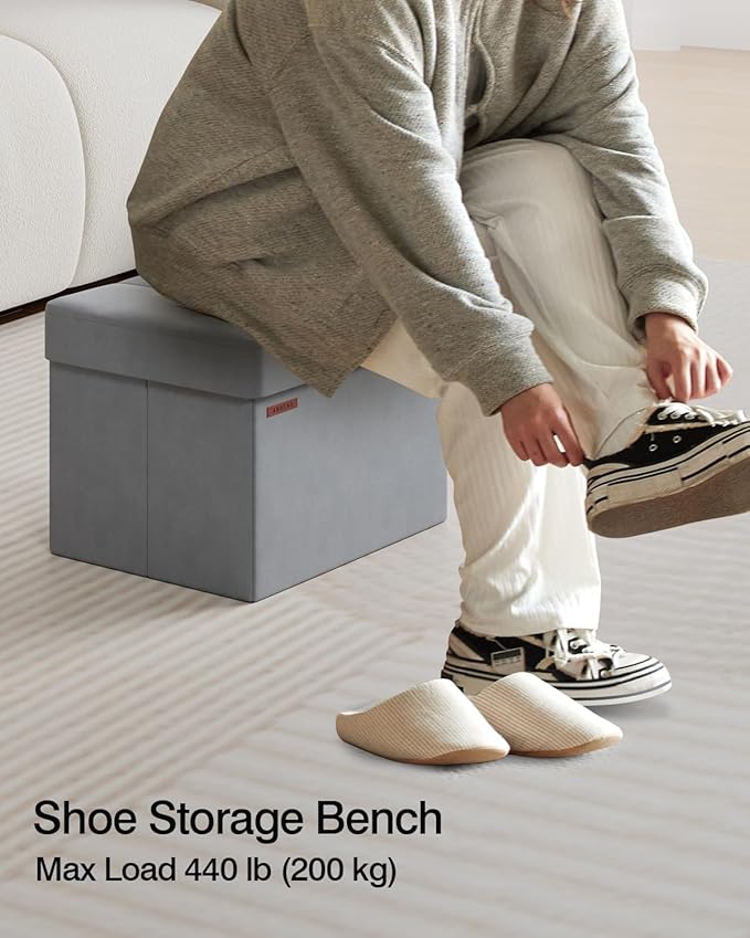 Folding Storage Ottoman, Velvet Storage Bench, Footrest, Foot Stool, for Living Room, Bedroom and Office,12.2 x 16.1 x 12.2 Inches, 200 kg Load Capacity, Dove Gray UASND03G